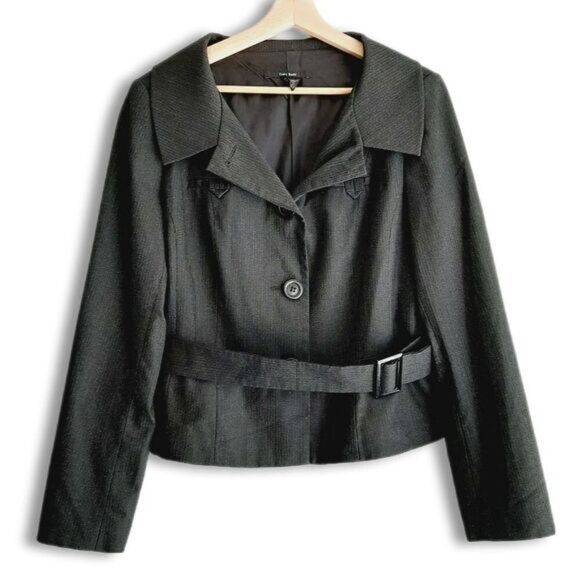 ZARA Belted Button Down Blazer Jacket Dark Gray Sz L - Picture 1 of 15